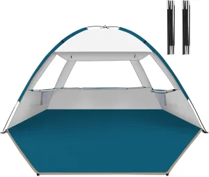 COMMOUDS 4 Person Beach Tent with 2 Replacement Poles, Beach Tent Sun Shade with Tent Poles for Fishing, Backyard or Picnics, Silver