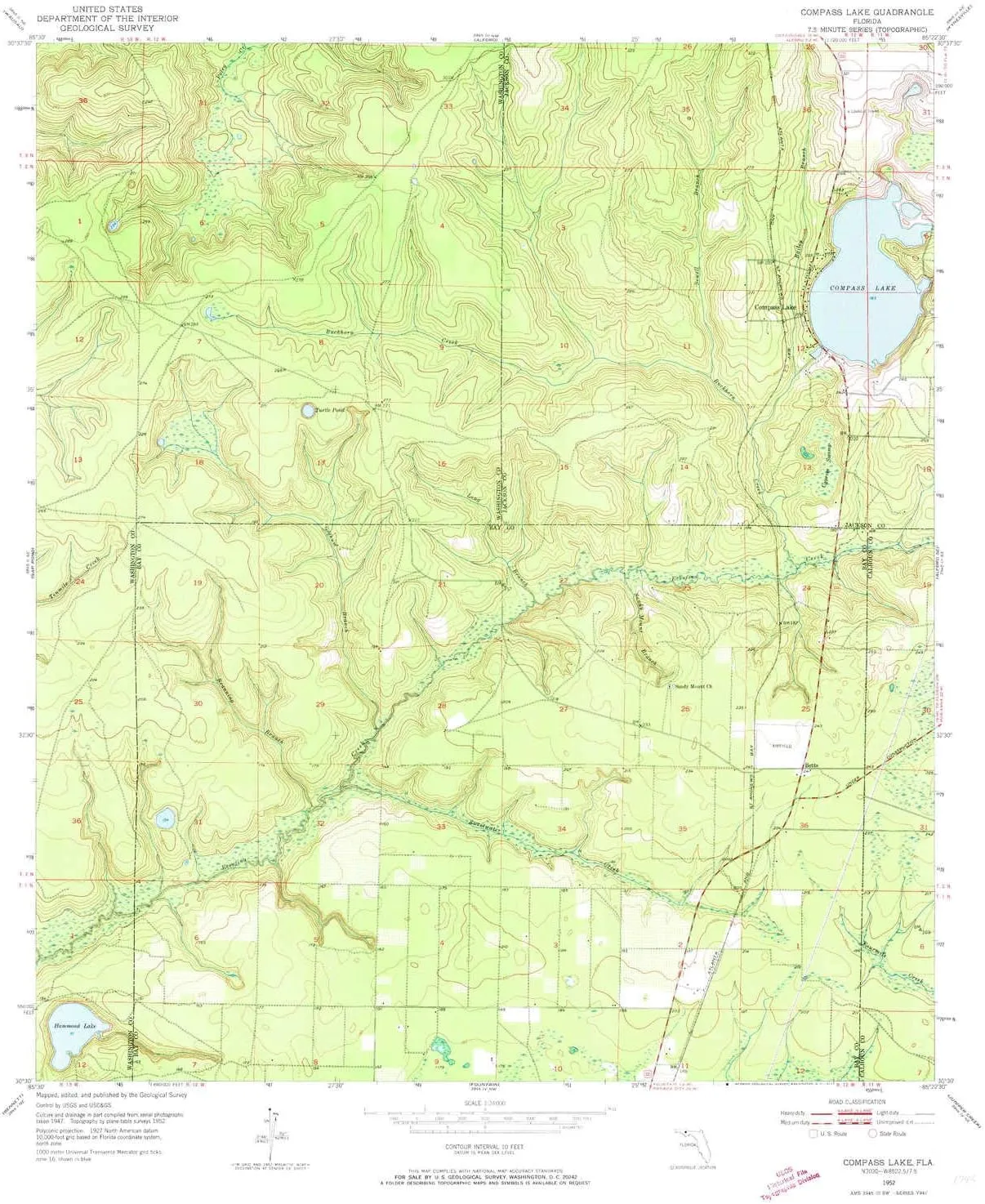 Compass Lake FL topo map, 1:24000 Scale, 7.5 X 7.5 Minute, Historical, 1952, Updated 1973, 26.8 x 23 in