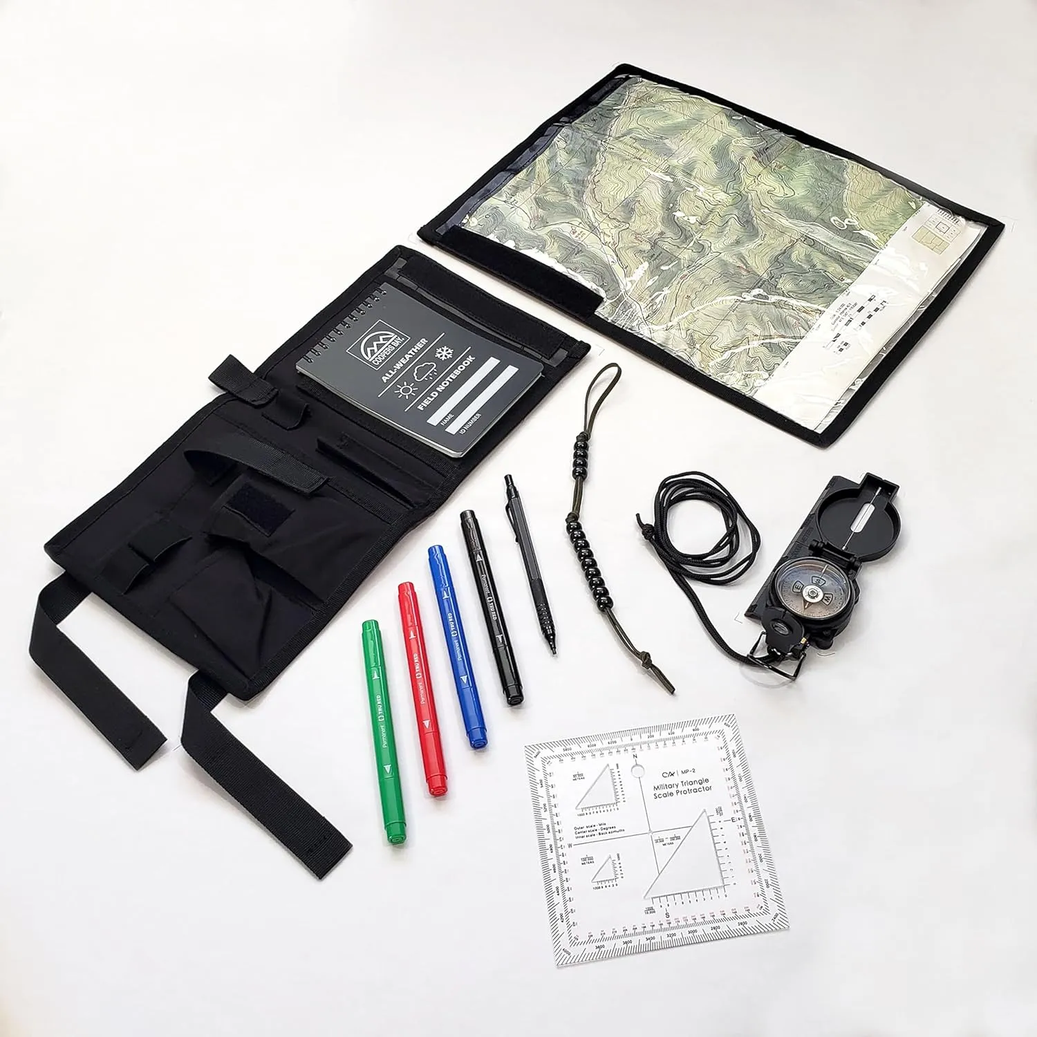Compass Navigation Kit - Advanced Package - Includes Lensatic Military Style Compass, Multifunction Case, Ranger Beads, Protractor, and Markers - Everthing Needed to Get Started