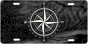 Compass Rose Topographic map Novelty Front Plate, Navigation Design,12 x 6 inches Metal Decorative Vanity car tag (Topographic Compass on Black)