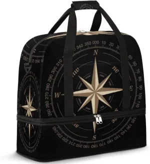 Compass Rose Travel Duffel Bag for Women Men, Artwork Black Sports Gym Bag with Shoes Compartment Foldable Overnight Bag Weekender Tote Workout Carry On Luggage Bag