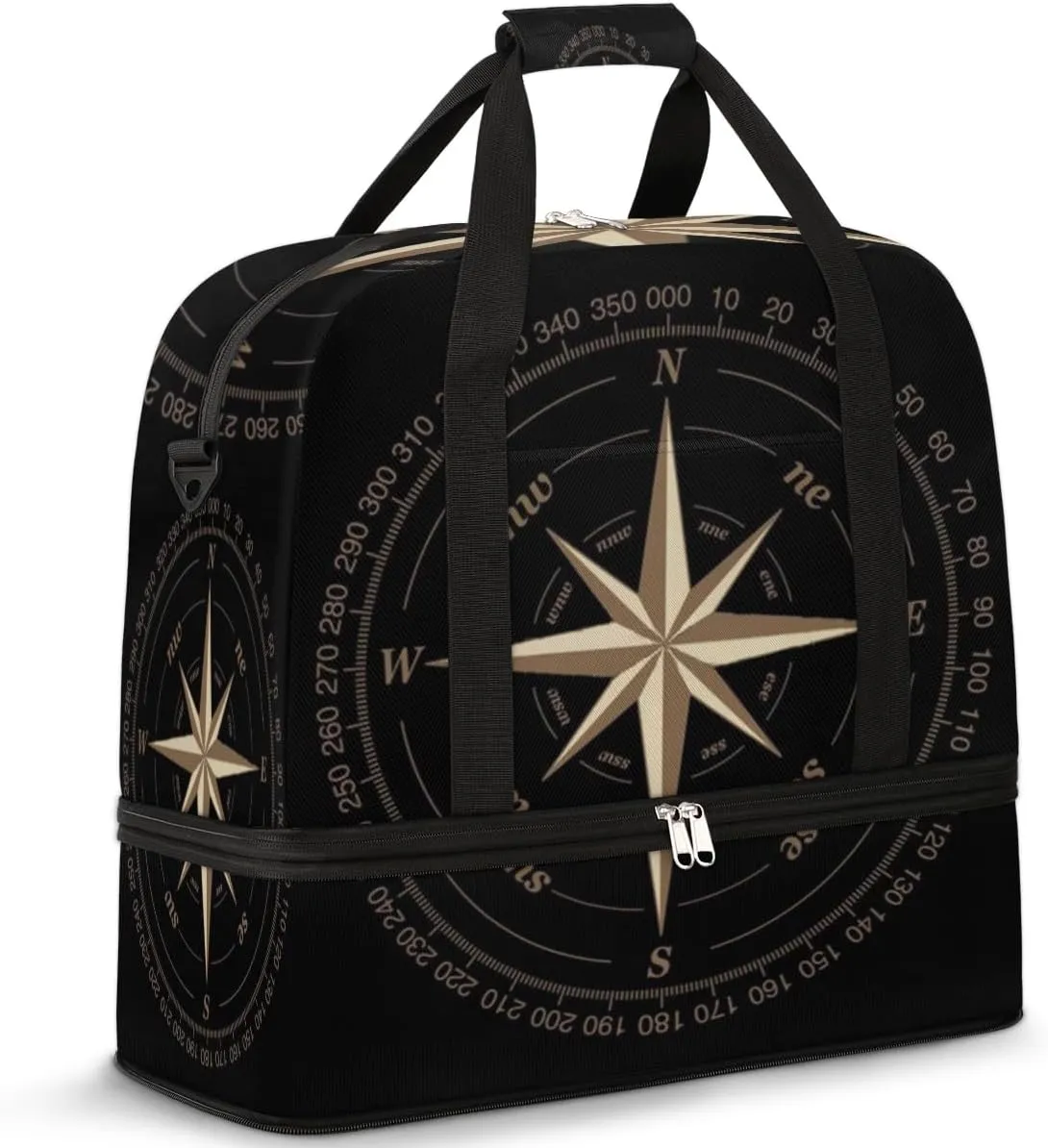 Compass Rose Travel Duffel Bag for Women Men, Artwork Black Sports Gym Bag with Shoes Compartment Foldable Overnight Bag Weekender Tote Workout Carry On Luggage Bag