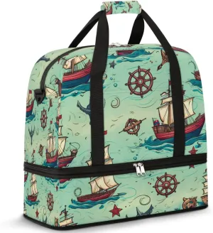 Compass Sailboat Travel Duffel Bag for Women Men, Vintage Boat Pattern Sports Gym Bag with Shoes Compartment Foldable Overnight Bag Weekender Tote Workout Carry On Luggage Bag