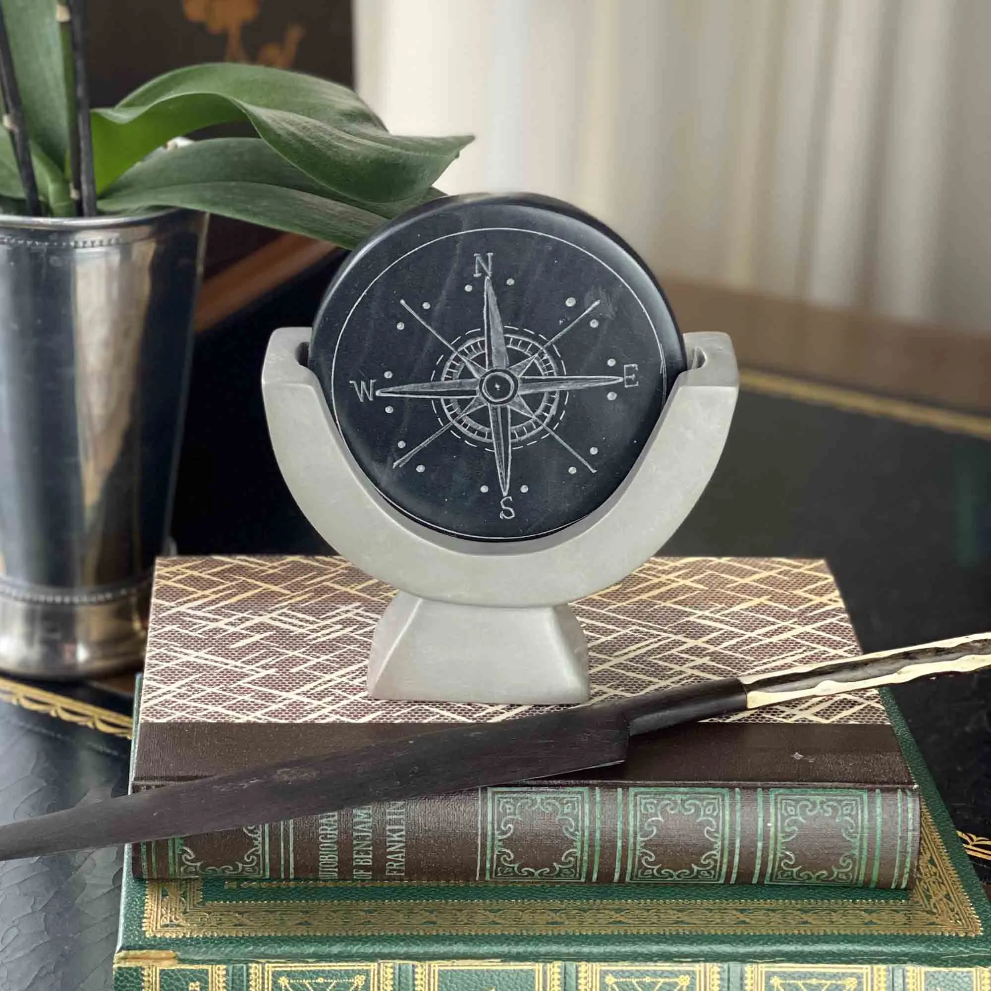 Compass Soapstone Sculpture, Dark Gray Stone