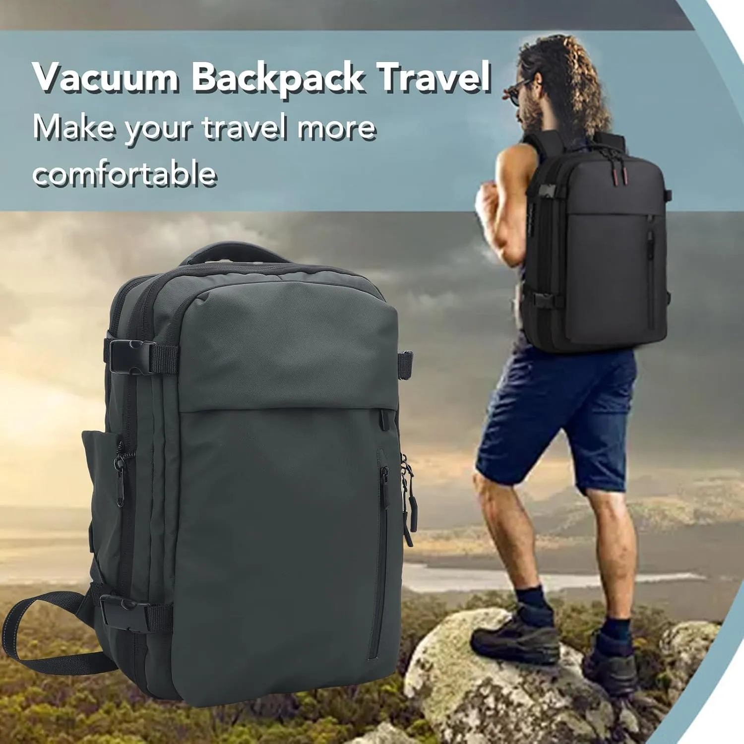 Compression Travel Backpack, 55L Large Expandable Backpack Storage Vacuum Backpacks, Water Proof Casual Backpacks with Pump & Packing Cubes for College, Travel, Work (Green)