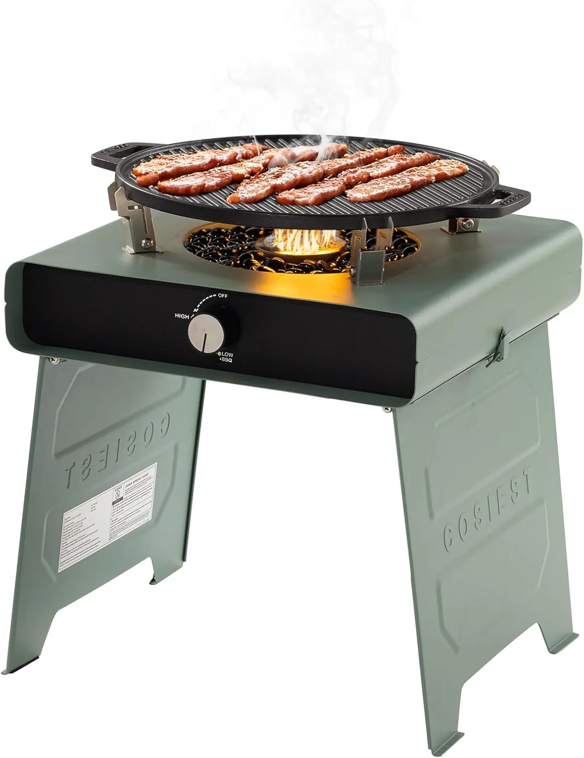 COSIEST 15.7 inch Outdoor Propane Fire Pit, Foldable Smokless Fire Table with Baking Tray, Mini Stainless Seel Iron Fire Pit with Portable Bag, Fire Glass for BBQ, Camping, Party, Yard, Green
