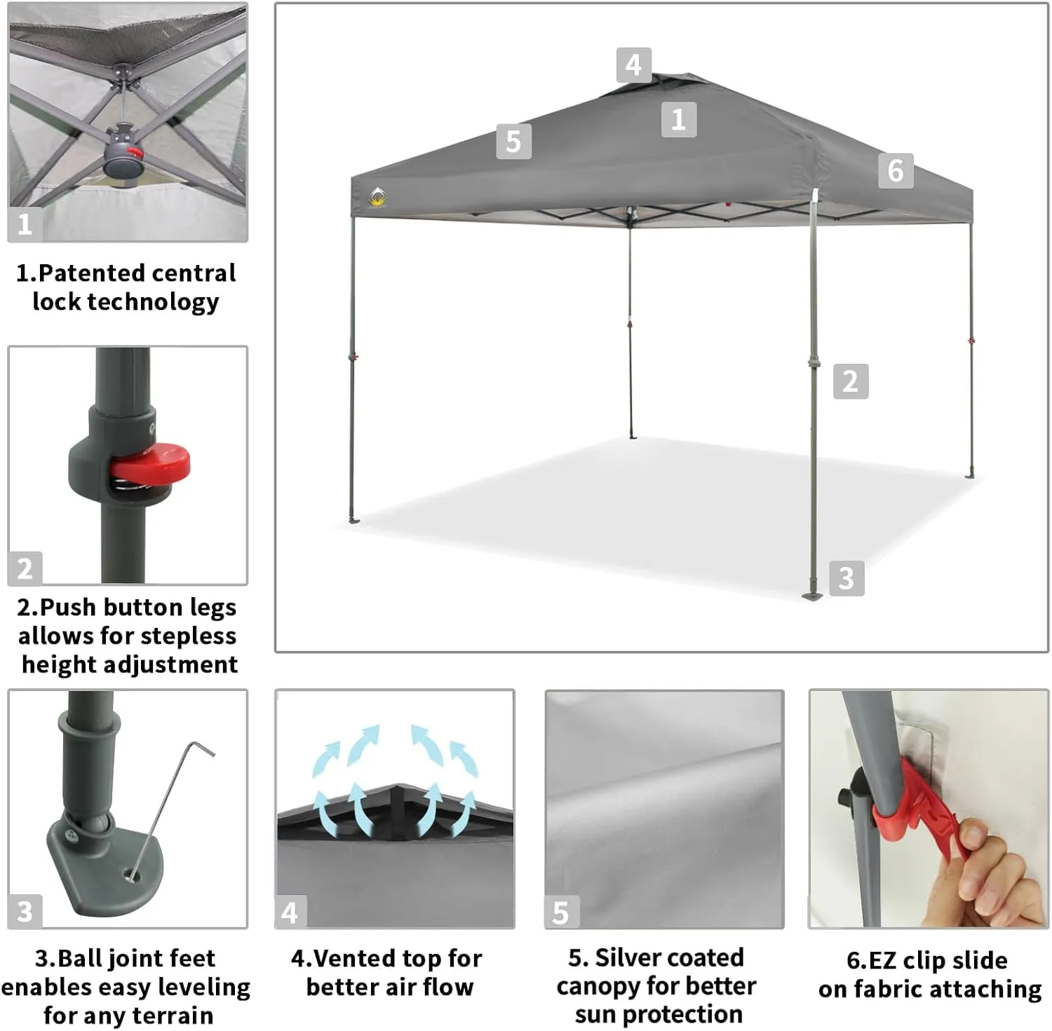 CROWN SHADES 10x10 Canopy Tent, Pop Up Beach Tent for Outdoor Shades with Wheeled Bag, 8 Stakes, 4 Ropes, Outdoor Canopy, Grey