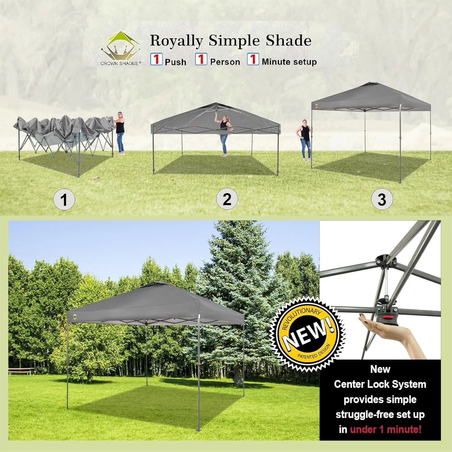 CROWN SHADES 10x10 Canopy Tent, Pop Up Beach Tent for Outdoor Shades with Wheeled Bag, 8 Stakes, 4 Ropes, Outdoor Canopy, Grey