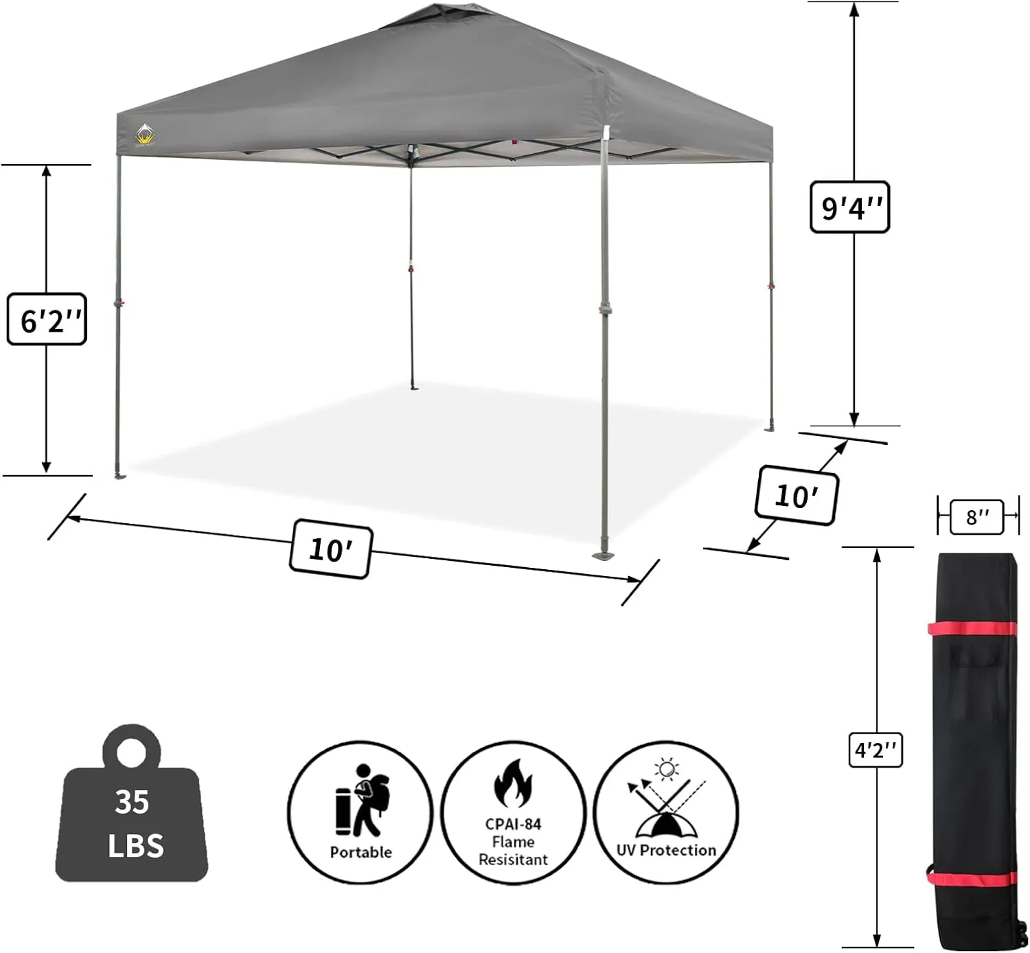 CROWN SHADES 10x10 Canopy Tent, Pop Up Beach Tent for Outdoor Shades with Wheeled Bag, 8 Stakes, 4 Ropes, Outdoor Canopy, Grey