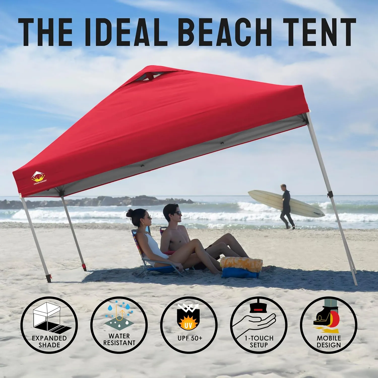 CROWN SHADES 10x10 Pop Up Canopy - Beach Tent with One Push Setup - Easy Outdoor Sun Shade for Events, Parties, Camping - Gazebo with STO-N-Go Cover Bag, Silver Coated Top, Red Strips