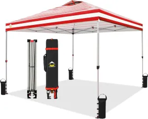 CROWN SHADES 10x10 Pop Up Canopy - Beach Tent with One Push Setup - Easy Outdoor Sun Shade for Events, Parties, Camping - Gazebo with STO-N-Go Cover Bag, Silver Coated Top, Red Strips