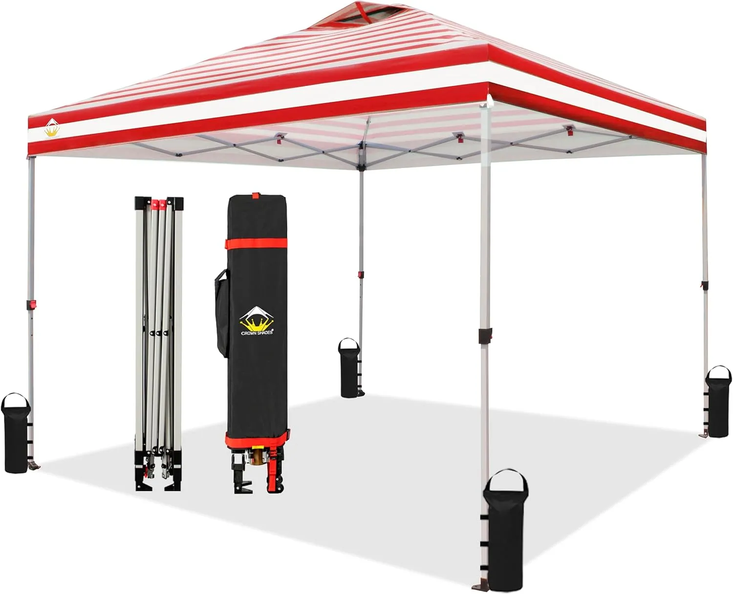 CROWN SHADES 10x10 Pop Up Canopy - Beach Tent with One Push Setup - Easy Outdoor Sun Shade for Events, Parties, Camping - Gazebo with STO-N-Go Cover Bag, Silver Coated Top, Red Strips