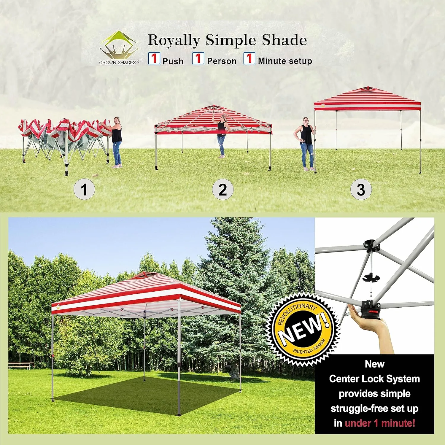 CROWN SHADES 10x10 Pop Up Canopy - Beach Tent with One Push Setup - Easy Outdoor Sun Shade for Events, Parties, Camping - Gazebo with STO-N-Go Cover Bag, Silver Coated Top, Red Strips