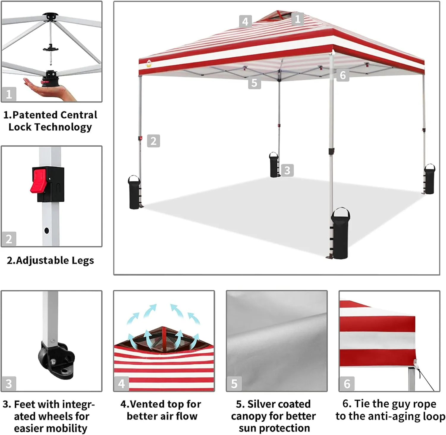 CROWN SHADES 10x10 Pop Up Canopy - Beach Tent with One Push Setup - Easy Outdoor Sun Shade for Events, Parties, Camping - Gazebo with STO-N-Go Cover Bag, Silver Coated Top, Red Strips