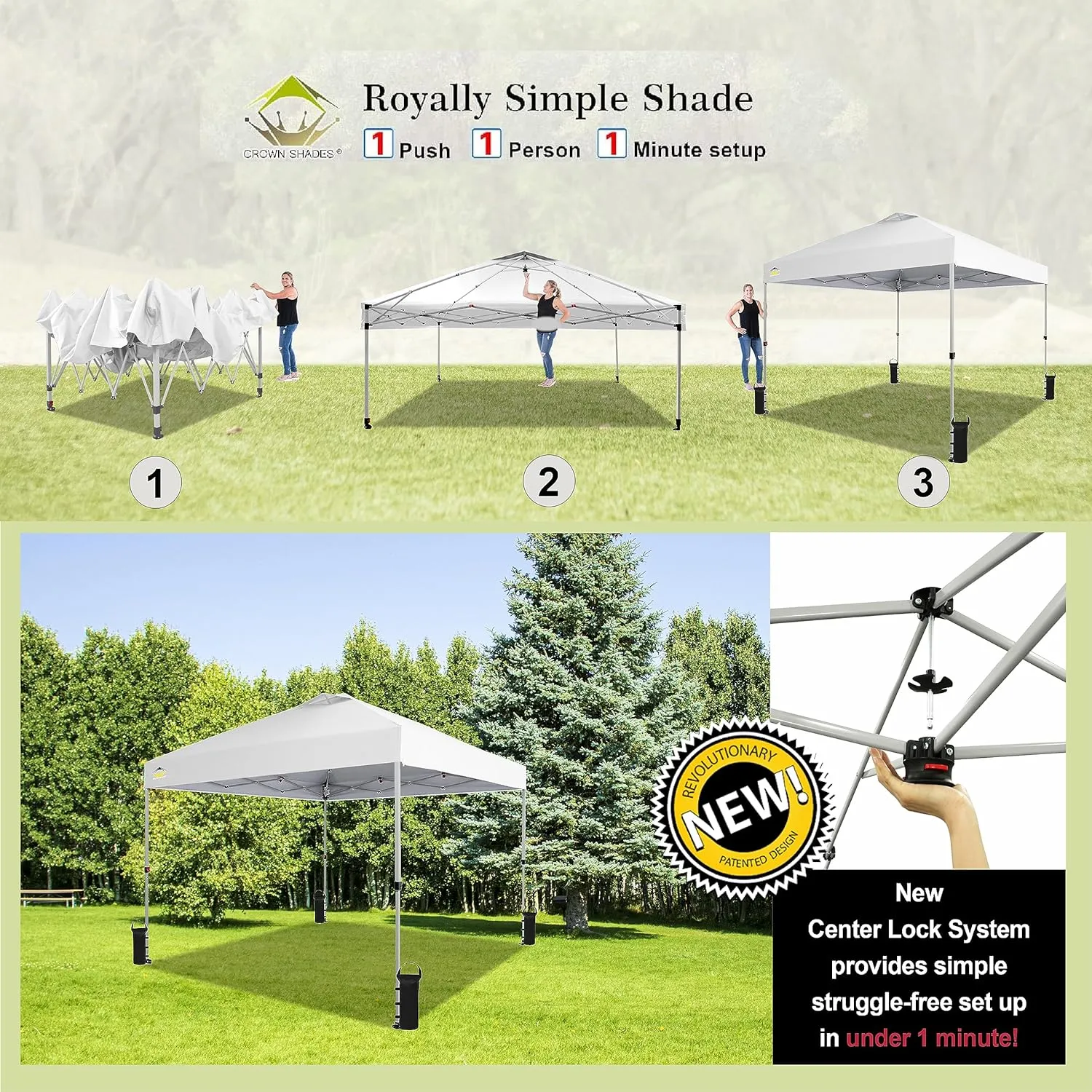 CROWN SHADES 10x10 Pop Up Canopy - Beach Tent with One Push Setup - Easy Outdoor Sun Shade for Events, Parties, Camping - Gazebo with STO-N-Go Cover Bag, Silver Coated Top, White