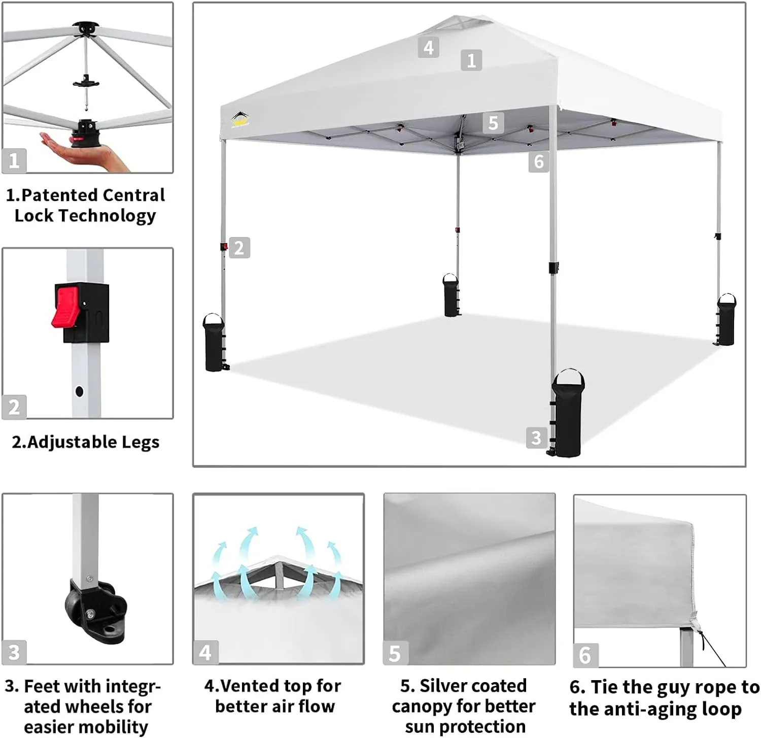 CROWN SHADES 10x10 Pop Up Canopy - Beach Tent with One Push Setup - Easy Outdoor Sun Shade for Events, Parties, Camping - Gazebo with STO-N-Go Cover Bag, Silver Coated Top, White