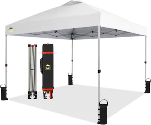 CROWN SHADES 10x10 Pop Up Canopy - Beach Tent with One Push Setup - Easy Outdoor Sun Shade for Events, Parties, Camping - Gazebo with STO-N-Go Cover Bag, Silver Coated Top, White