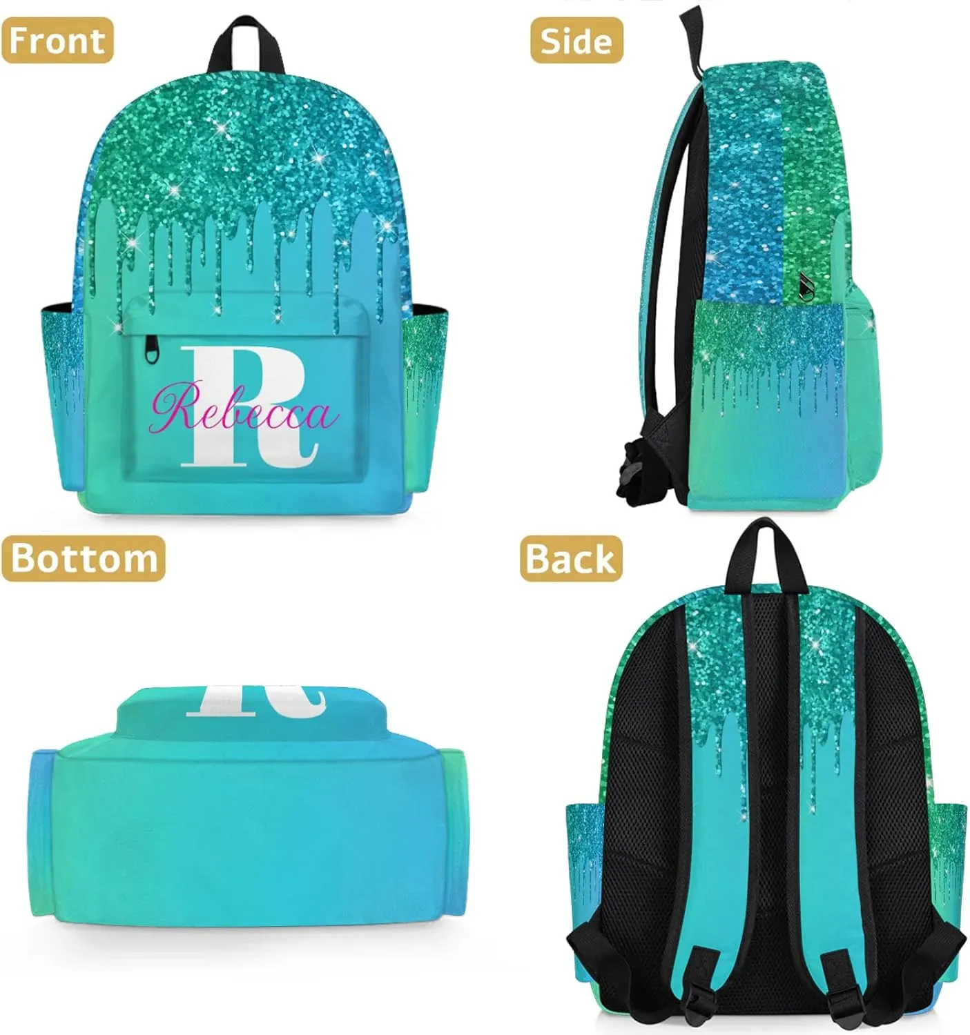 Custom Backpack with Initial & Name Personalized Shoulder Bag for Women Men Waterproof Travel Casual Backpack 15.1in, Green