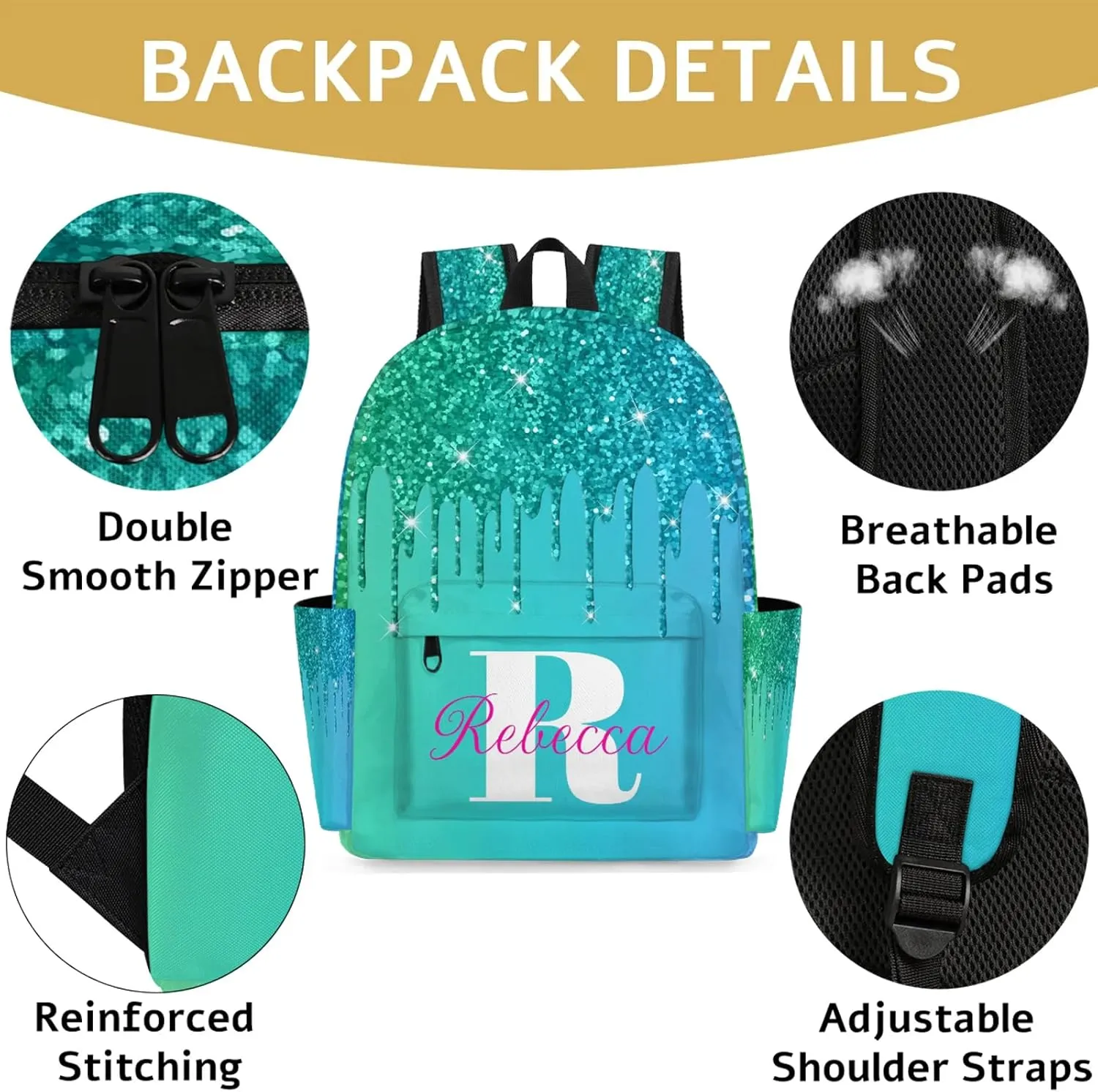 Custom Backpack with Initial & Name Personalized Shoulder Bag for Women Men Waterproof Travel Casual Backpack 15.1in, Green