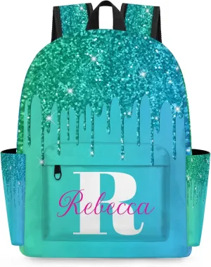 Custom Backpack with Initial & Name Personalized Shoulder Bag for Women Men Waterproof Travel Casual Backpack 15.1in, Green