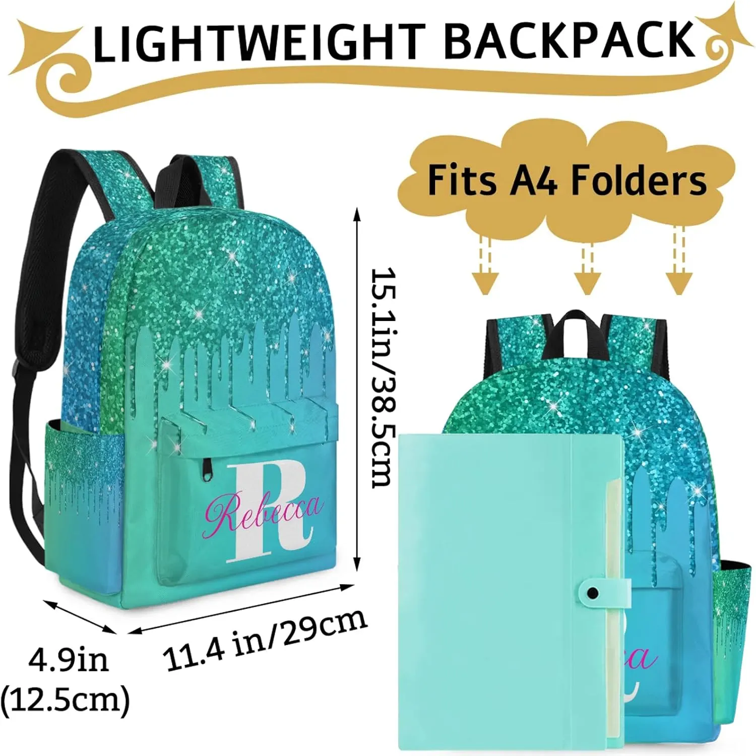 Custom Backpack with Initial & Name Personalized Shoulder Bag for Women Men Waterproof Travel Casual Backpack 15.1in, Green