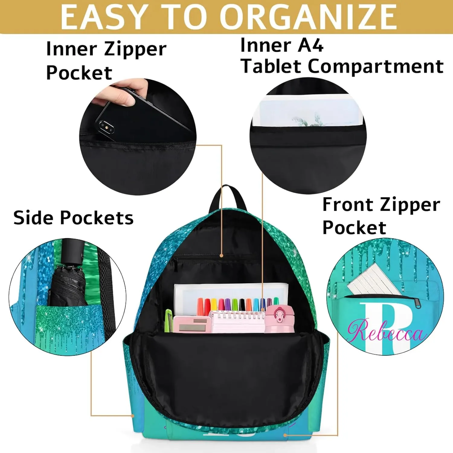 Custom Backpack with Initial & Name Personalized Shoulder Bag for Women Men Waterproof Travel Casual Backpack 15.1in, Green