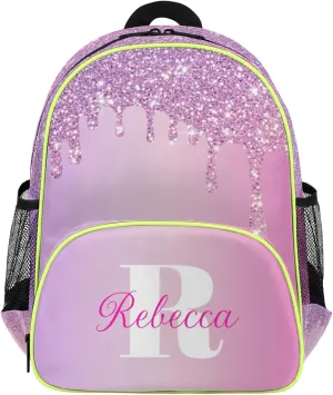 Custom Backpack with Initial & Name Personalized Small Shoulder Bag Waterproof Travel Casual Backpack with Chest Strap 14.2in, Pink White