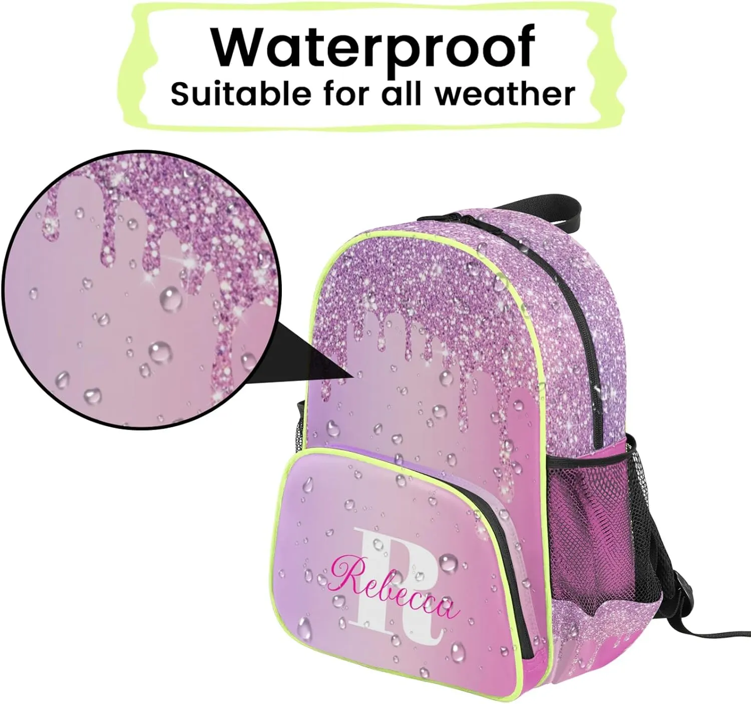 Custom Backpack with Initial & Name Personalized Small Shoulder Bag Waterproof Travel Casual Backpack with Chest Strap 14.2in, Pink White