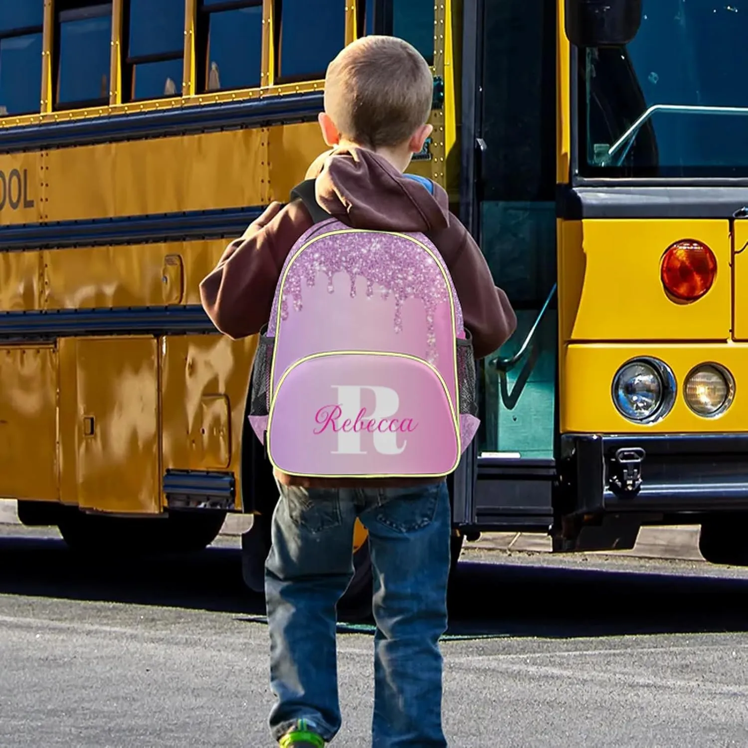 Custom Backpack with Initial & Name Personalized Small Shoulder Bag Waterproof Travel Casual Backpack with Chest Strap 14.2in, Pink White