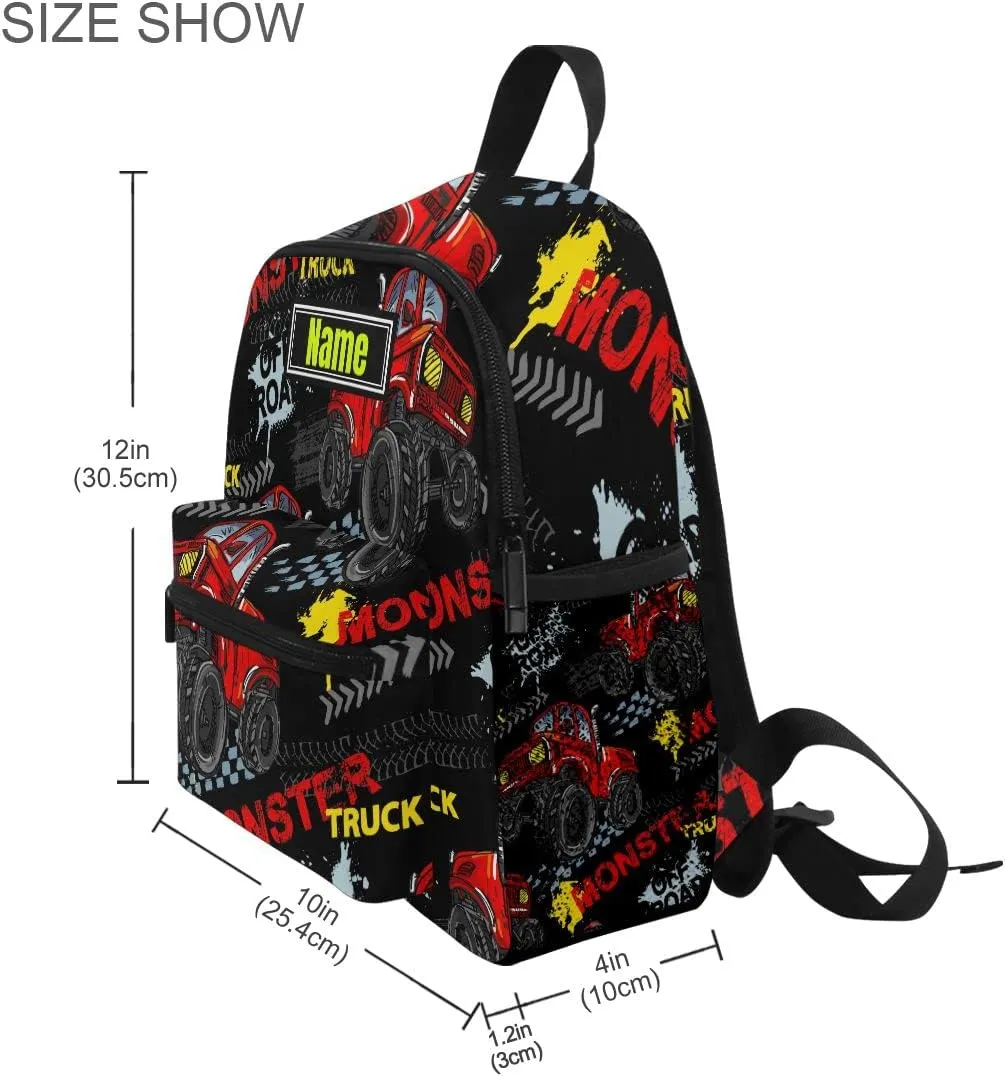 Custom Kid's Name Backpack, Monster Truck Car Toddler Backpack for Daycare Travel, Personalized Name Preschool Bookbags for Boys Girls