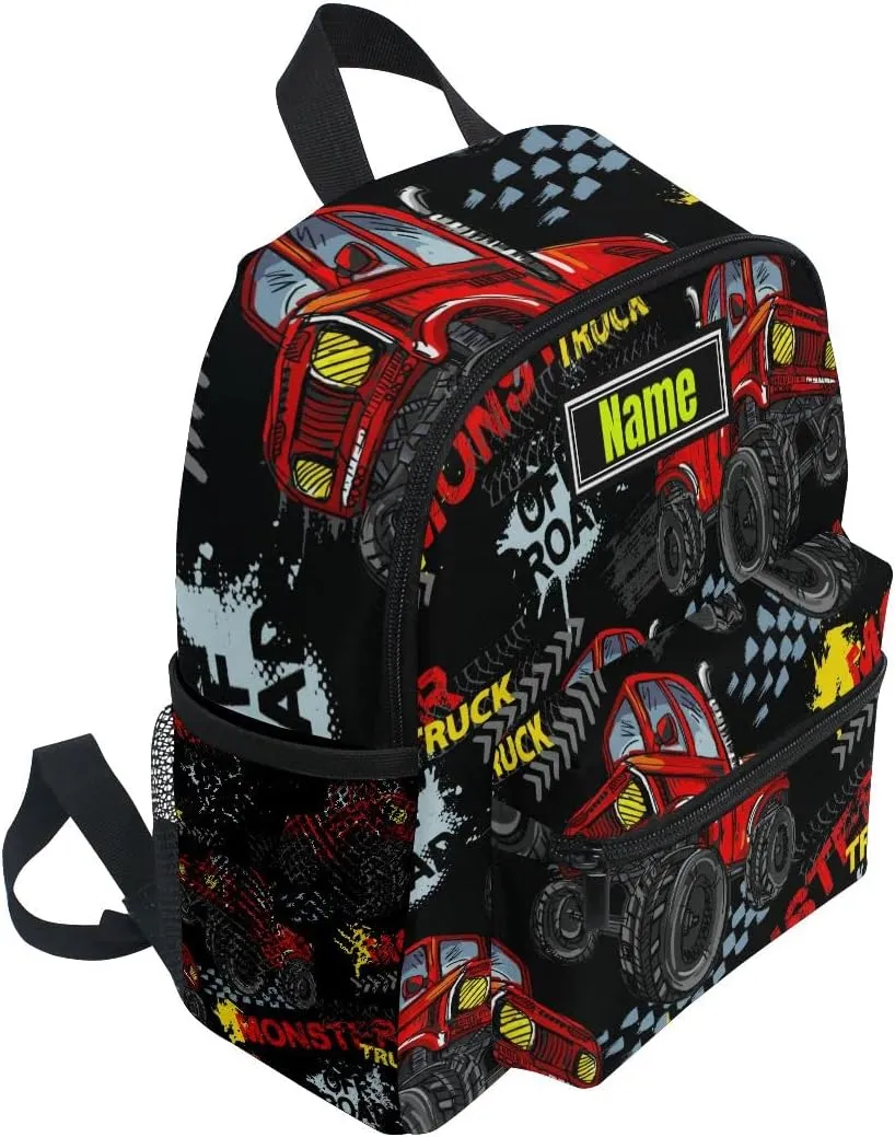 Custom Kid's Name Backpack, Monster Truck Car Toddler Backpack for Daycare Travel, Personalized Name Preschool Bookbags for Boys Girls