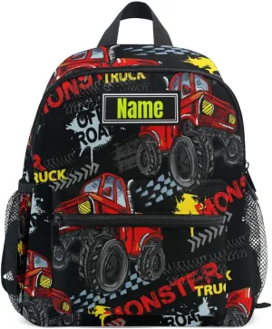 Custom Kid's Name Backpack, Monster Truck Car Toddler Backpack for Daycare Travel, Personalized Name Preschool Bookbags for Boys Girls