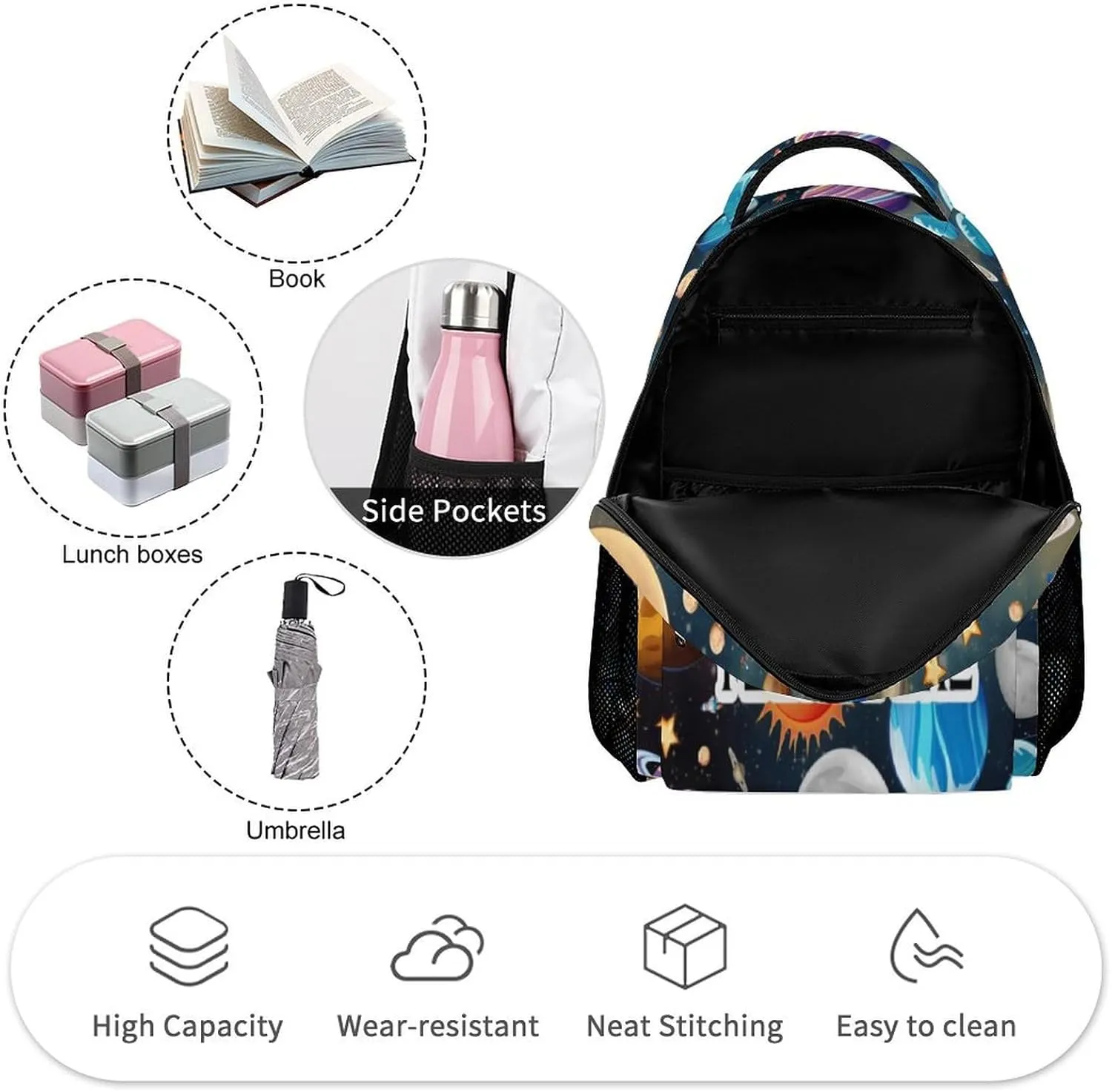 Custom Solar System School Backpack for Kids Girls Boys, 16 Inch Cute Planet Themed Bookbag, Personalized School Backpack for Students Children, Lightweight, Large Capacity