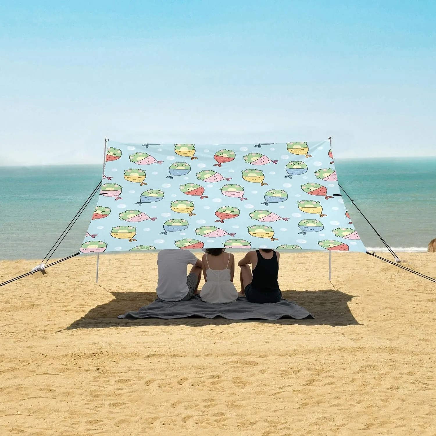 Cute Frog Mermaid Sea Beach Canopy Tent Anti-UV & Wind Resistant, Camping Sun Shelter Easy Setup Portable,Outdoor Shade Tents with Sandbags,Sand Shovels,Ground Pegs & Stability Poles