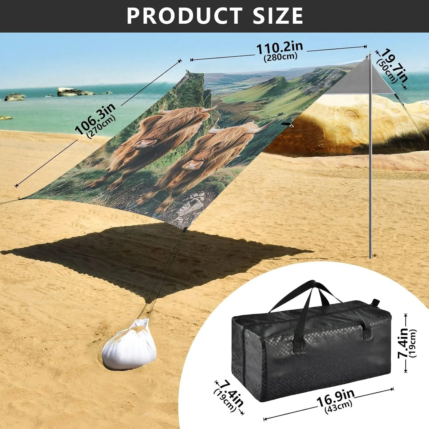 Cute Highland Cow Mountain Canopy Beach Tent 9.2 × 10.5 FT Outdoor Sun Shade Patio Shades Sunshade Sand Camping Sun Shelter with Poles Sand Anchor