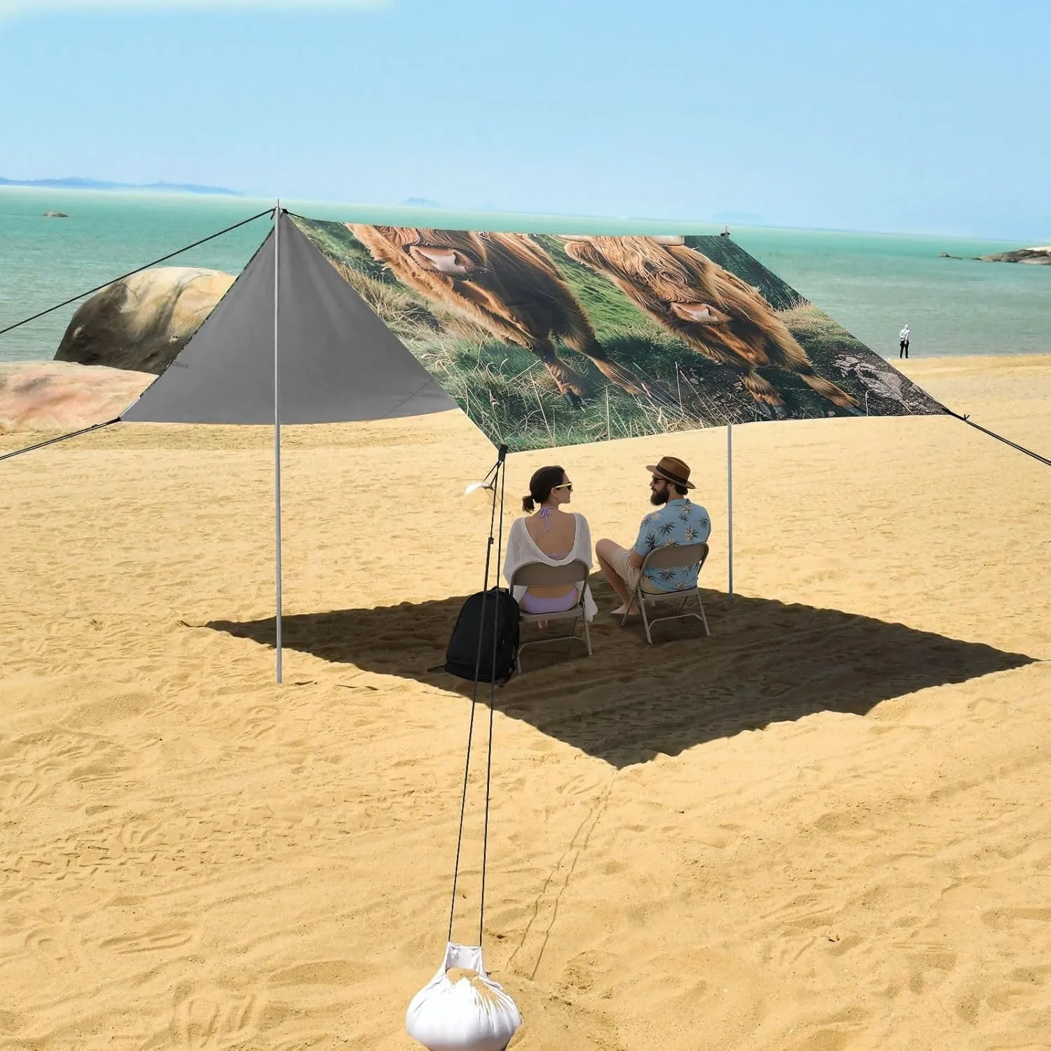 Cute Highland Cow Mountain Canopy Beach Tent 9.2 × 10.5 FT Outdoor Sun Shade Patio Shades Sunshade Sand Camping Sun Shelter with Poles Sand Anchor