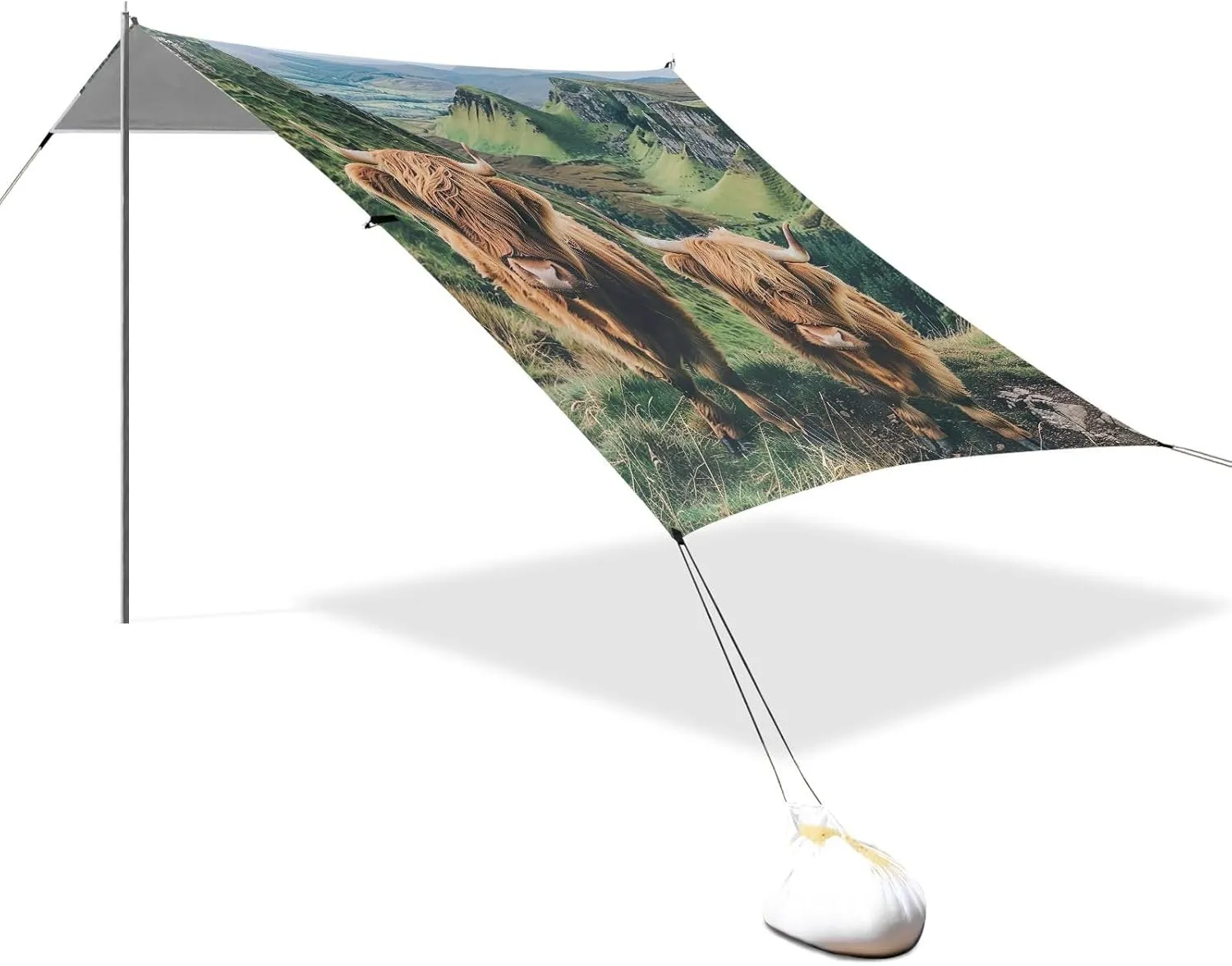 Cute Highland Cow Mountain Canopy Beach Tent 9.2 × 10.5 FT Outdoor Sun Shade Patio Shades Sunshade Sand Camping Sun Shelter with Poles Sand Anchor