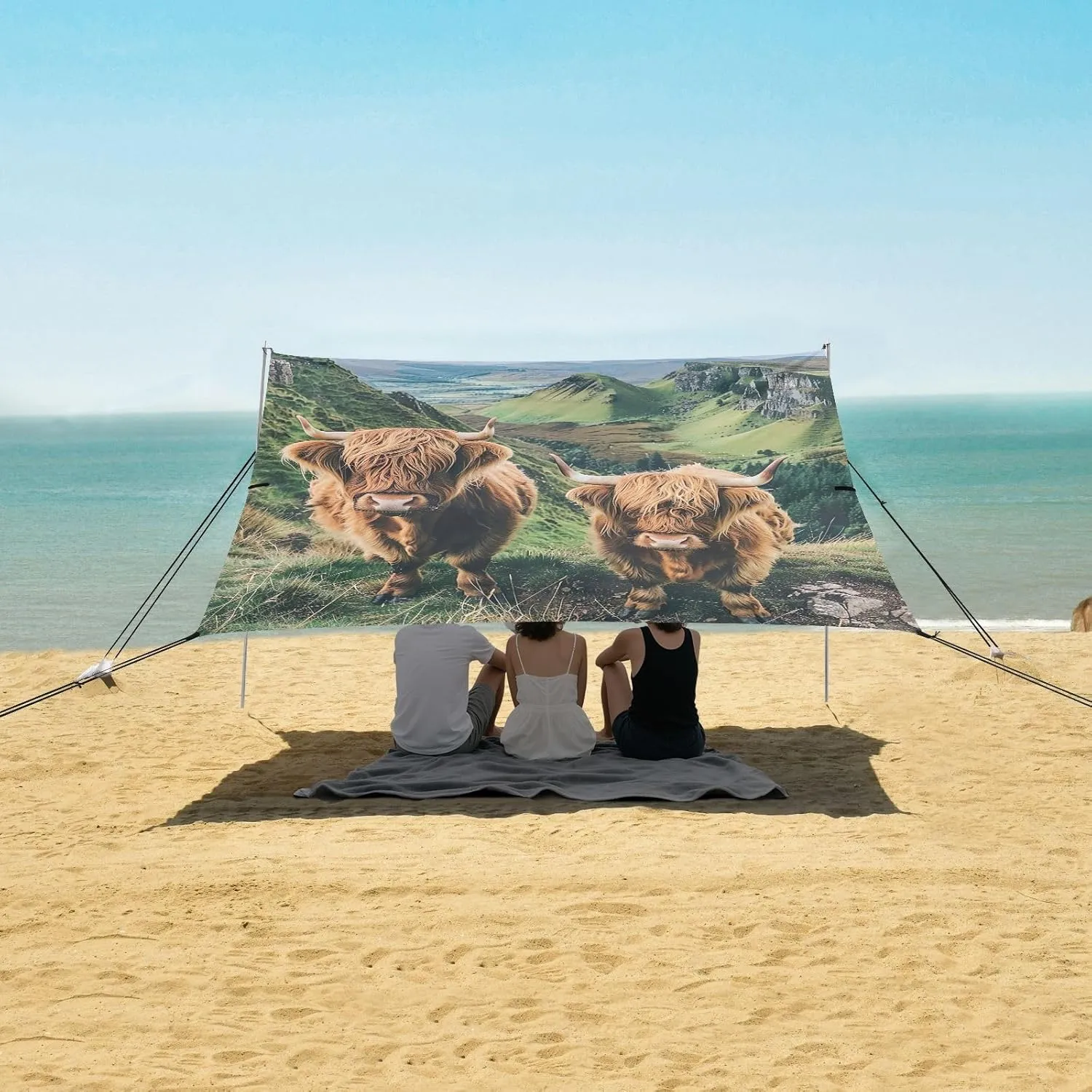 Cute Highland Cow Mountain Canopy Beach Tent 9.2 × 10.5 FT Outdoor Sun Shade Patio Shades Sunshade Sand Camping Sun Shelter with Poles Sand Anchor