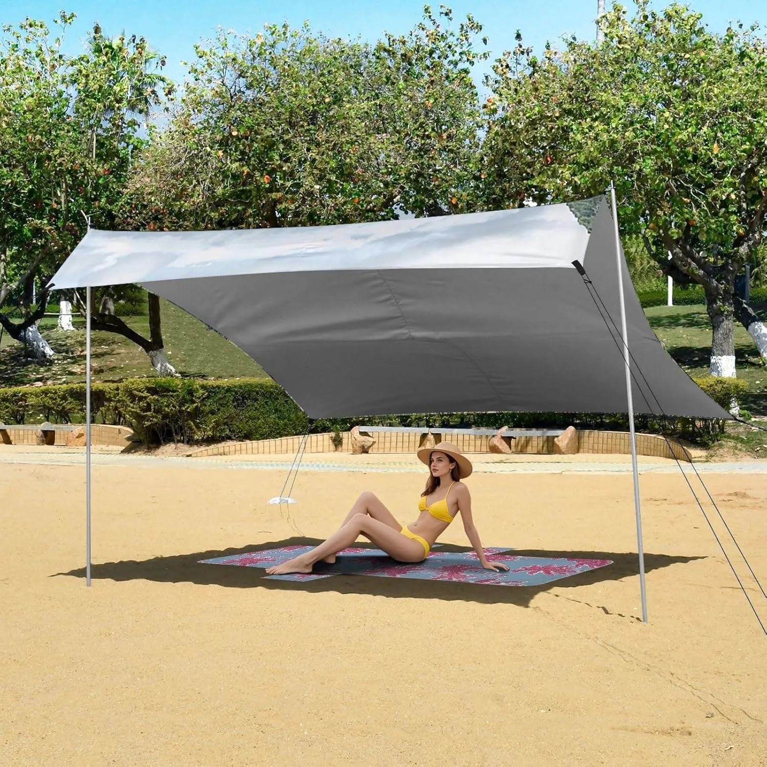 Cute Highland Cow Mountain Canopy Beach Tent 9.2 × 10.5 FT Outdoor Sun Shade Patio Shades Sunshade Sand Camping Sun Shelter with Poles Sand Anchor