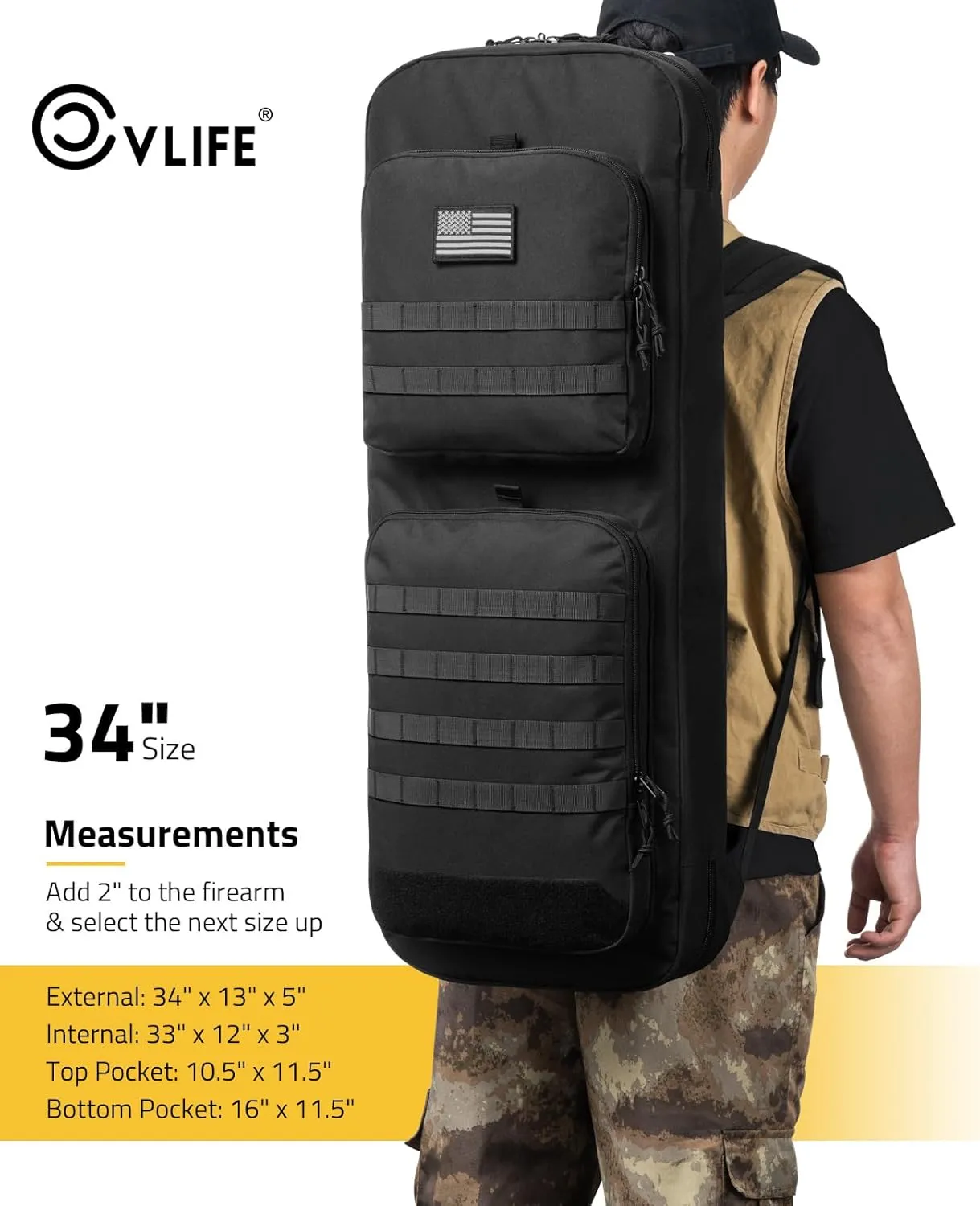 CVLIFE 30" 34" Soft Rifle Case Gun Backpack, Tactical Double Rifle Backpack Gun Bag Covert Bug Out Bag, with Lockable Zipper for Hunting Shooting