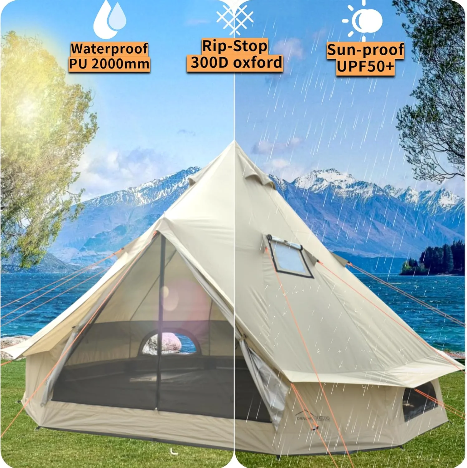 DANCHEL OUTDOOR B2 Waterproof Glamping Yurts for All Year Living with Stove Jack for 4/6 Person, Portable 4 Season Bell Tent for Camping Hot Tent 300D Oxford Nylon Glamping Accessories,13ft/16.4ft