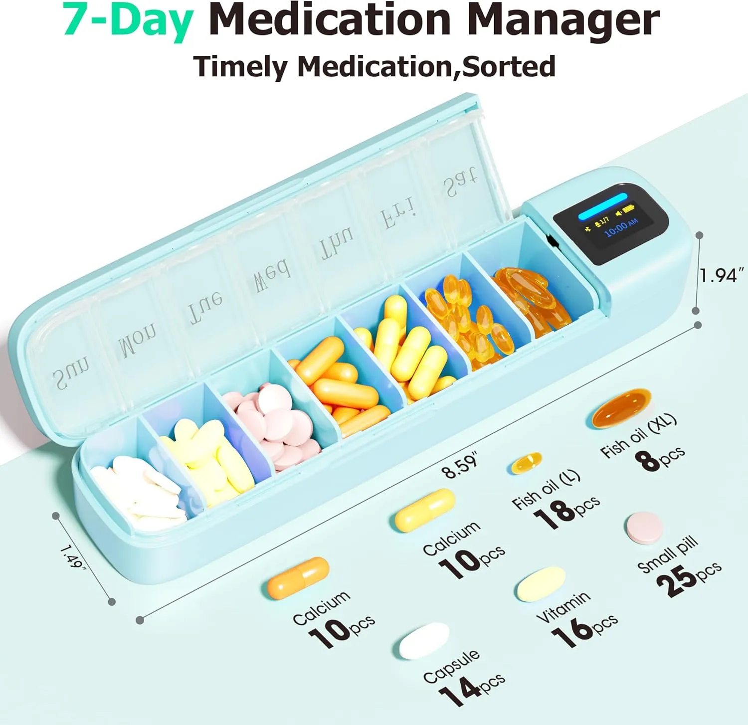 Daviky Smart Pill Organizer with Alarm, Bluetooth Daily Once a Day Pill Box 7 Day with APP, Weekly Travel Pill Case, Portable Pill Reminder for Medicines, Supplements and Vitamins(Green)