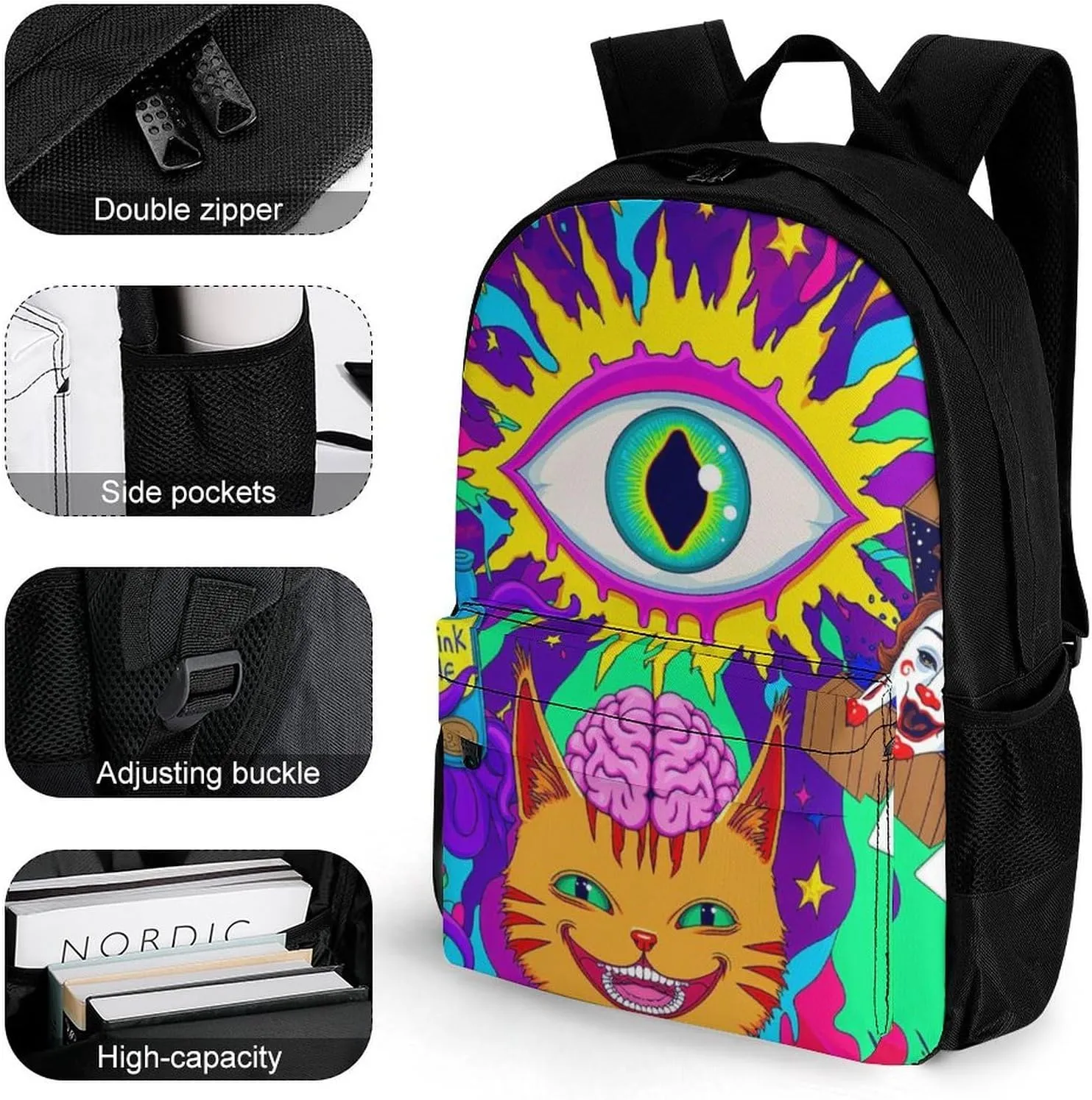 Daypack Bookbag Anti-Theft Multipurpose Large Capacity Bookbag - Acid Trip Colors Trippy Cat Eye Octopus Art Travel Hiking & Camping Rucksack With Adjustable Shoulder Straps