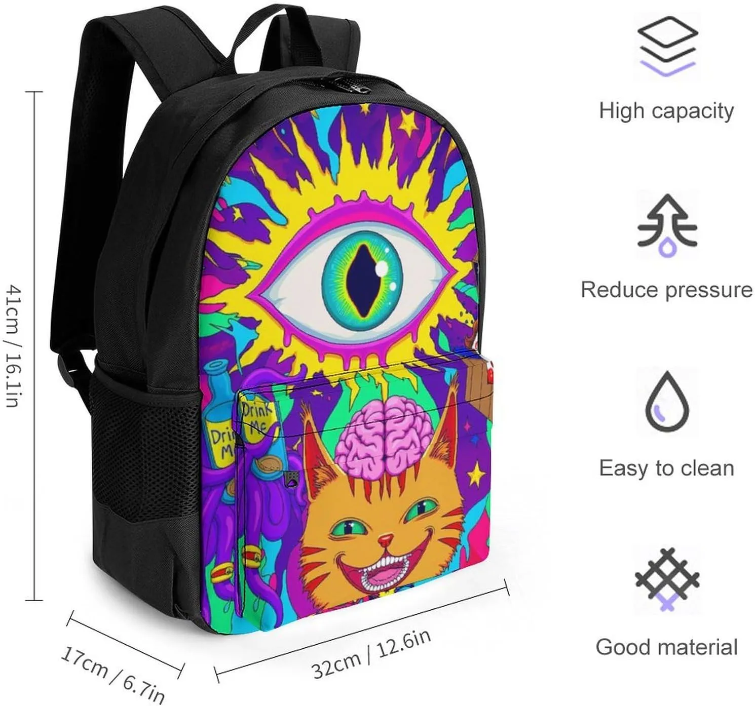 Daypack Bookbag Anti-Theft Multipurpose Large Capacity Bookbag - Acid Trip Colors Trippy Cat Eye Octopus Art Travel Hiking & Camping Rucksack With Adjustable Shoulder Straps