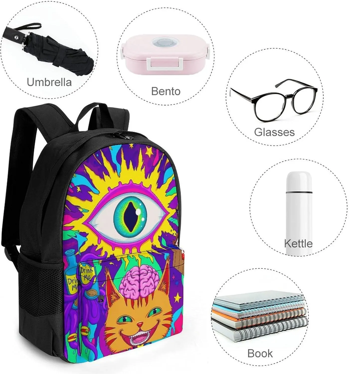 Daypack Bookbag Anti-Theft Multipurpose Large Capacity Bookbag - Acid Trip Colors Trippy Cat Eye Octopus Art Travel Hiking & Camping Rucksack With Adjustable Shoulder Straps