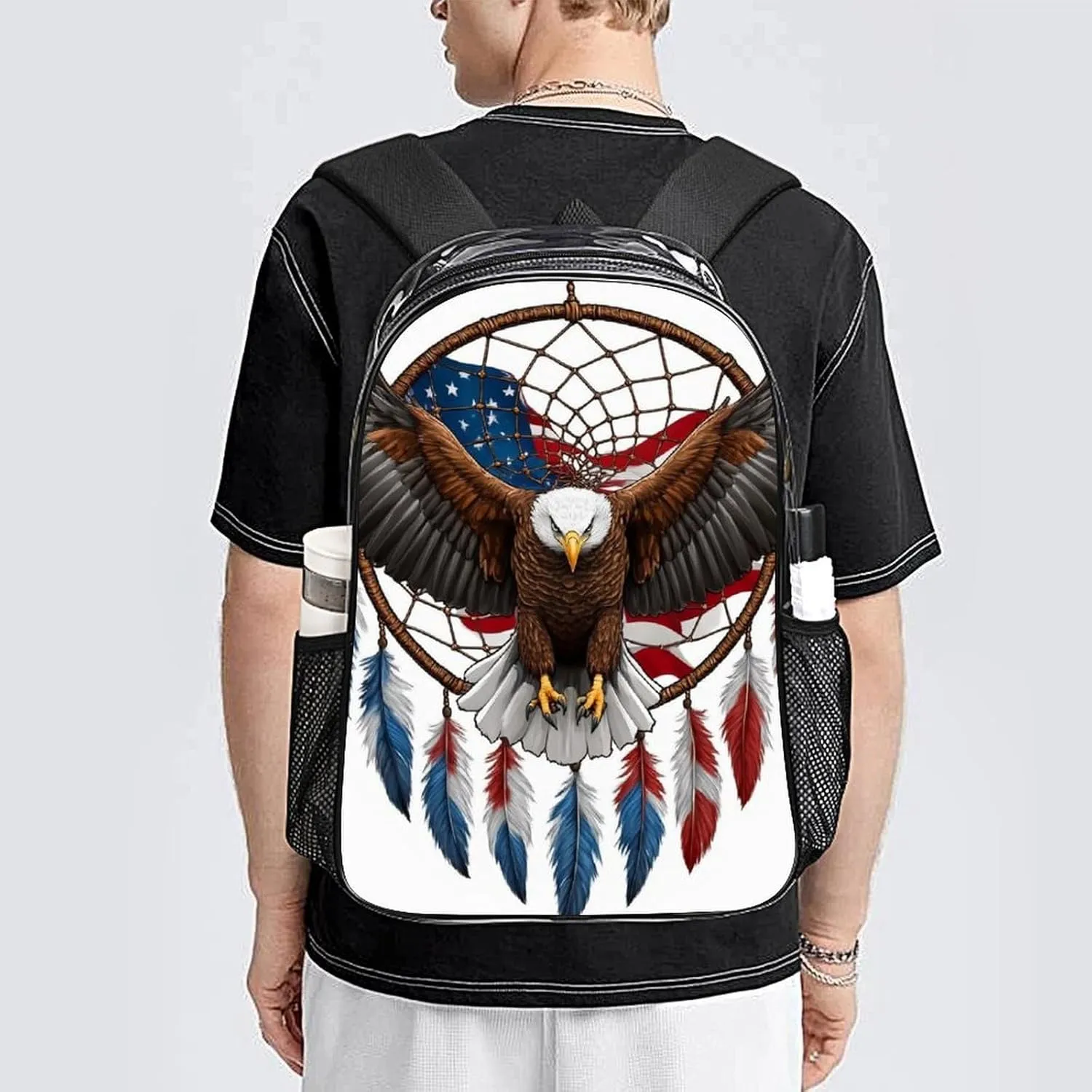 Daypack Bookbag Anti-Theft Multipurpose Large Capacity Bookbag - American Flag Boho Totem Native Eagle Dream Catcher Travel Hiking & Camping Rucksack Transparent Bag