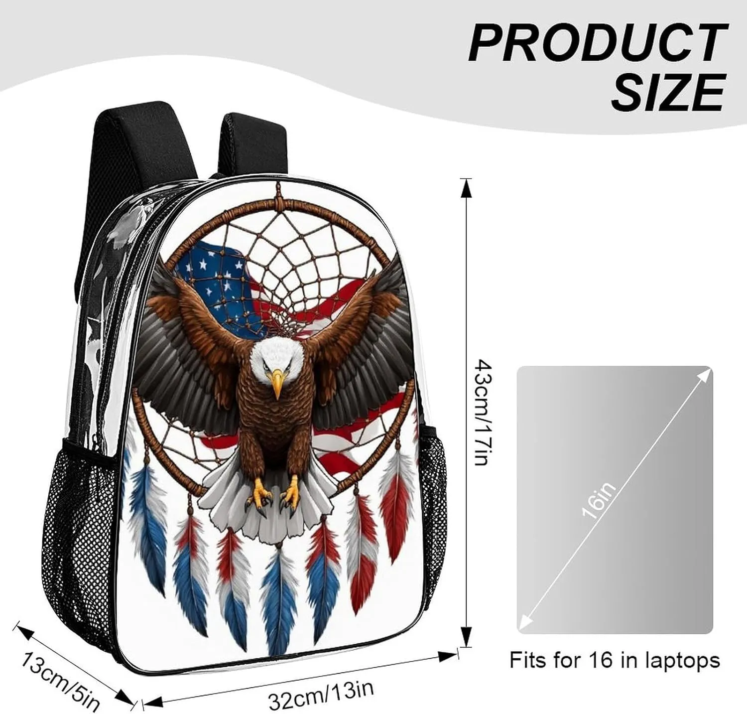 Daypack Bookbag Anti-Theft Multipurpose Large Capacity Bookbag - American Flag Boho Totem Native Eagle Dream Catcher Travel Hiking & Camping Rucksack Transparent Bag