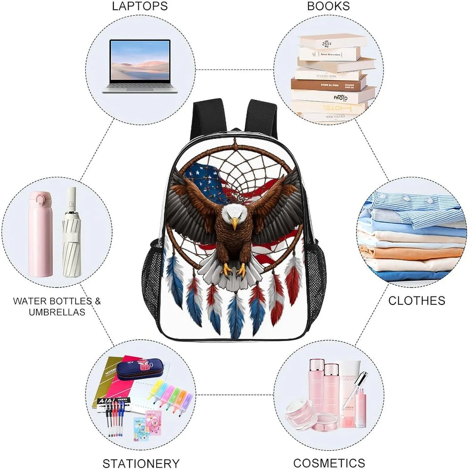 Daypack Bookbag Anti-Theft Multipurpose Large Capacity Bookbag - American Flag Boho Totem Native Eagle Dream Catcher Travel Hiking & Camping Rucksack Transparent Bag