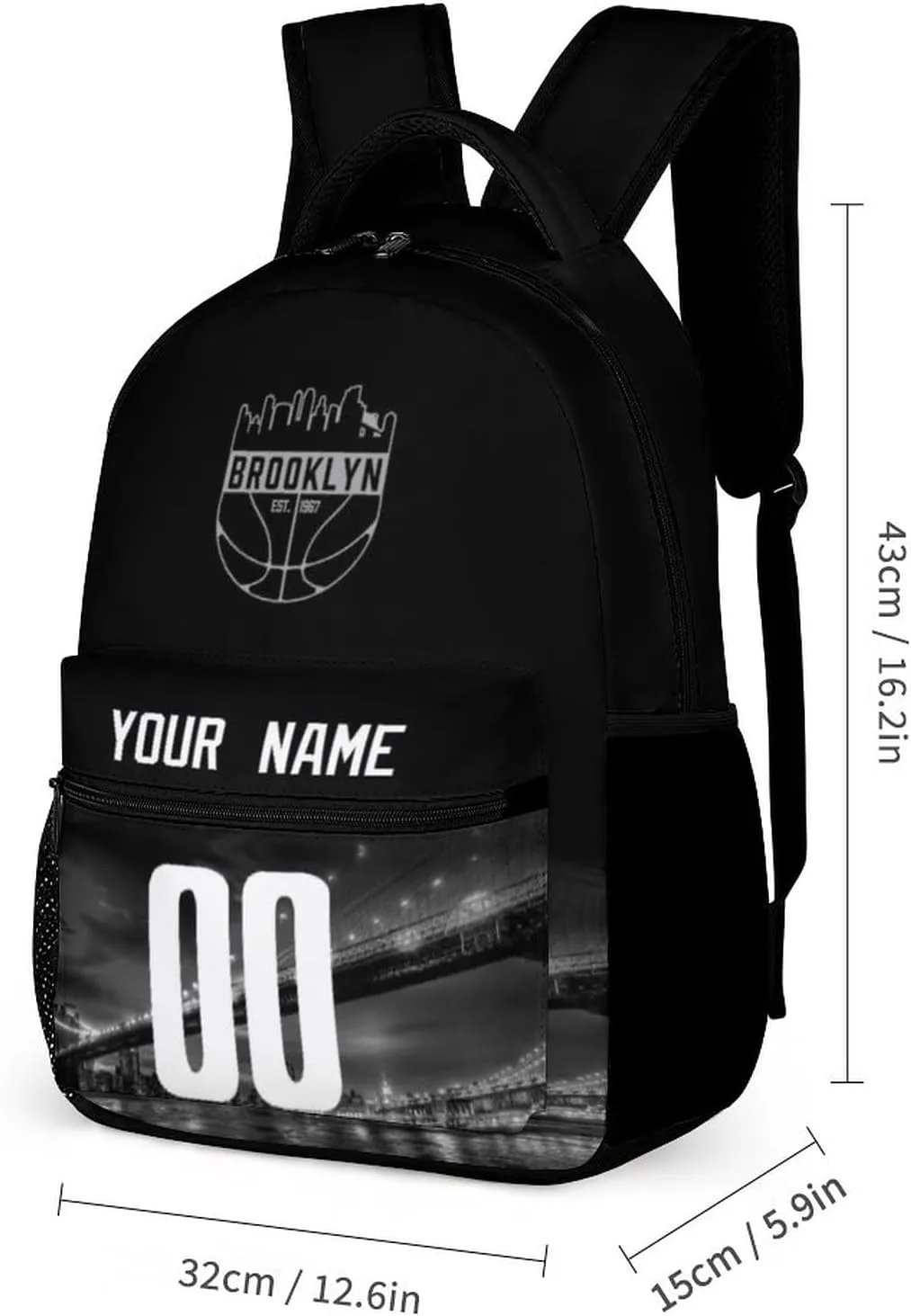 DDJAM Brooklyn Custom Backpack High Capacity Basketball City Night View Fans Gifts for Men Women Bag Personalized Name & Number
