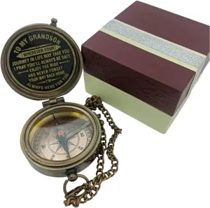 Decor&More to My Grandson Brass Prayer Compass with Wooden Box Religious Gift for Men, Graduation Gift Hiking & Traveling